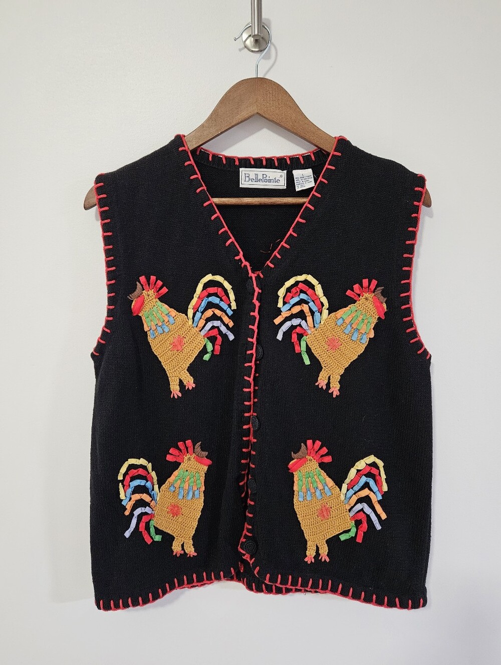 Chicken Rooster Colorful Embroidered Ribbon Farm Sweater Vest Large